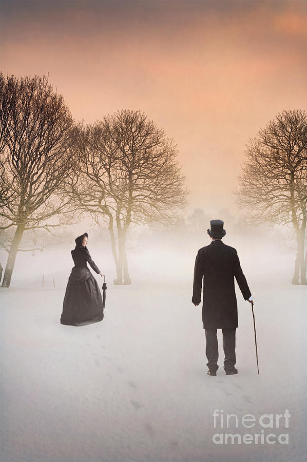Winter Photograph - Parting Victorian Couple With Mist And Snow by Lee Avison