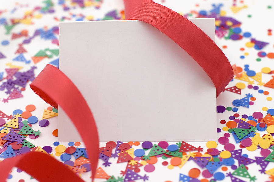 Party Invitation With Red Ribbon and Confetti. Photograph by Nicodemos