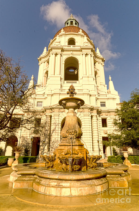 Pasadena Photograph - Pasadena City Halls Dome and Courtyard Fountain 01 by Mary Jane Armstrong