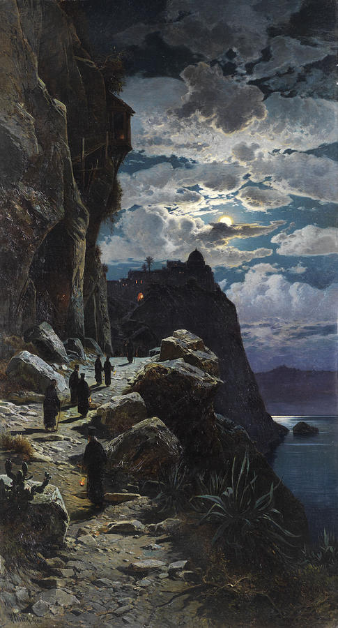 Passage of the monks to Mount Athos monastery Painting by Celestial Images
