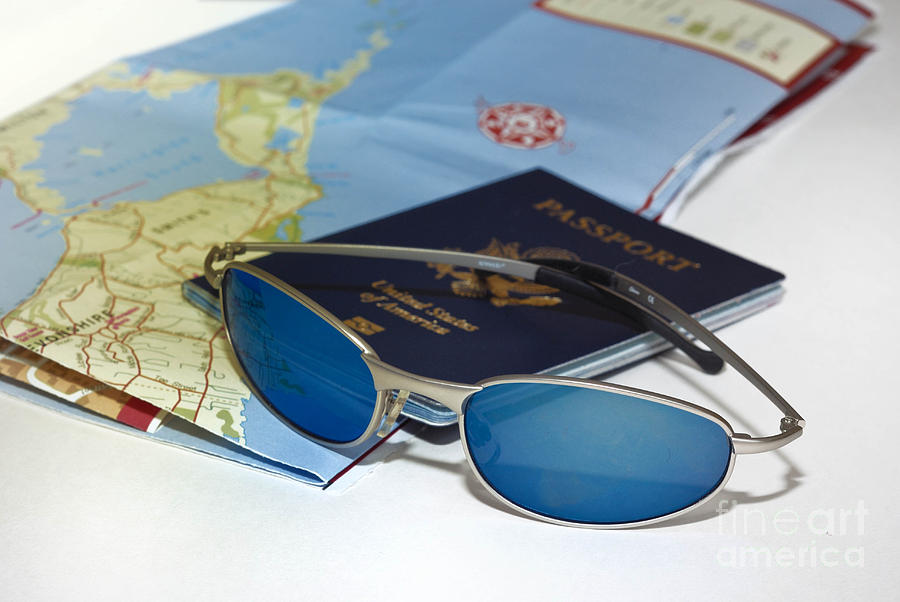 Map Photograph - Passport sunglasses and map by Amy Cicconi