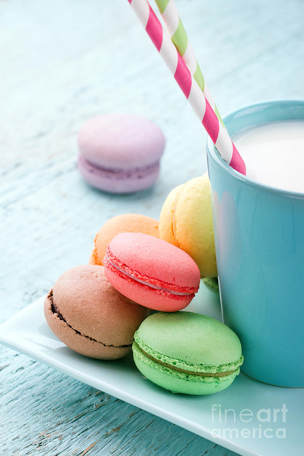 Cake Photograph - Pastel color macaroons and a cup of milk by Anna-Mari West