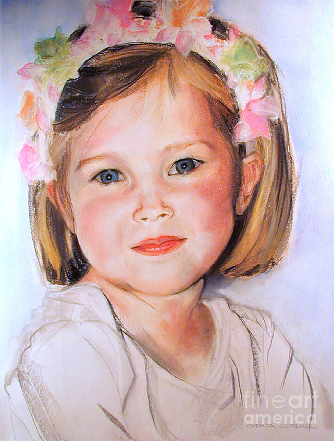 Pastel portrait of girl with flowers in her hair Painting by Greta Corens
