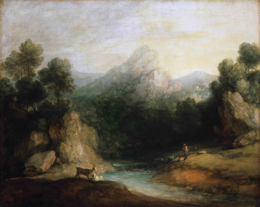 Pastoral Landscape. Rocky Mountain Valley with a Shepherd Sheep and Goats Painting by Thomas Gainsborough