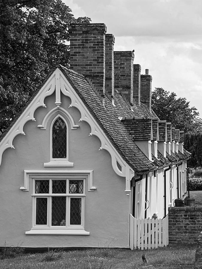 Pastoral Scene - Thaxted Almshouses Black and White Vertical Photograph by Gill Billington