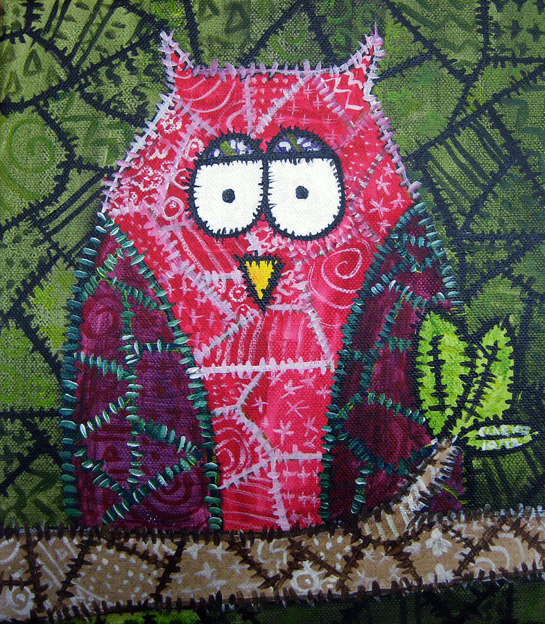 Bird Painting - Patchwork Owl - Red by Stacey Clarke