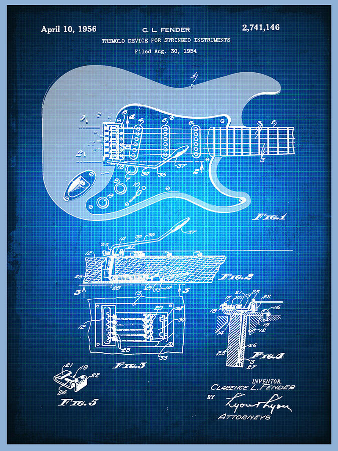 Fender Guitar Patent Blueprint Drawing Mixed Media by Tony Rubino