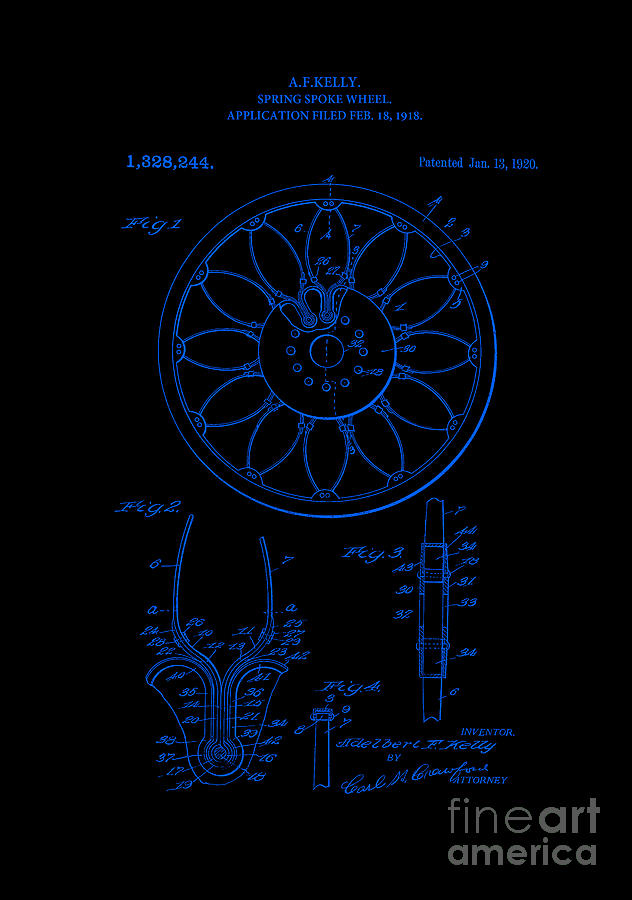 Patent Art 1918 Spring Spoke Wheel Inverted Blue Digital Art by Lesa Fine