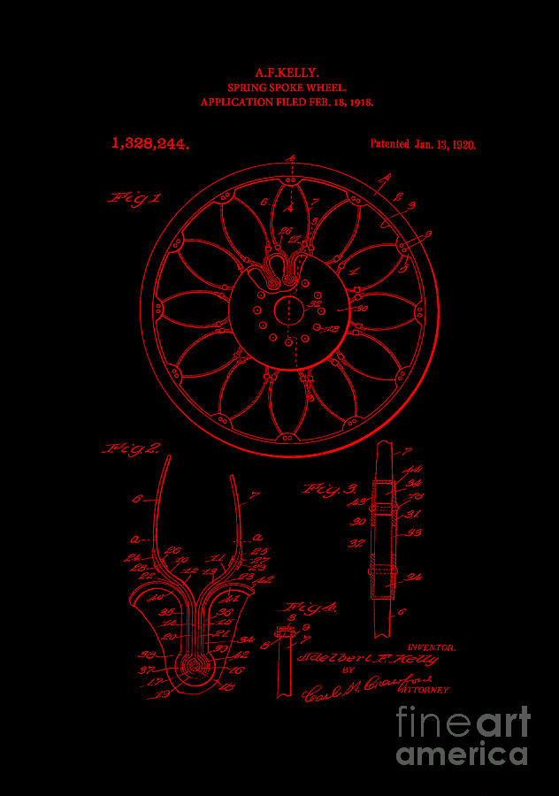 Spring Digital Art - Patent Art 1918 Spring Spoke Wheel Inverted Red by Lesa Fine