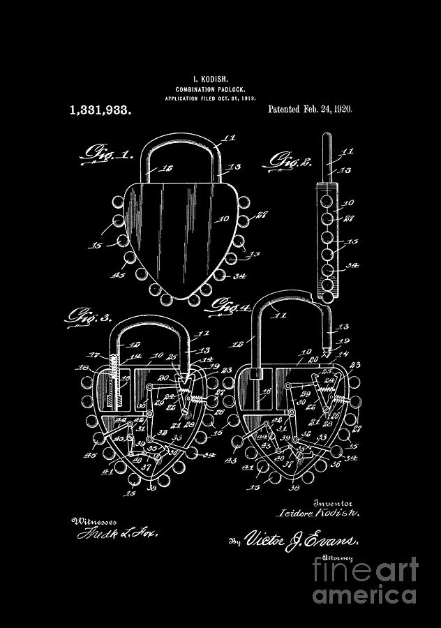 Patent Art 1920 Kodish Combination Padlock Inverted Digital Art by Lesa Fine