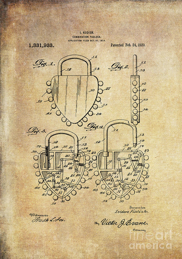 Patent Art 1920 Kodish Combination Padlock Orig Digital Art by Lesa Fine