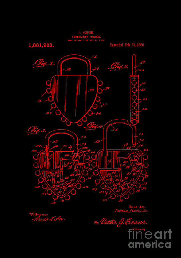 Patent Art 1920 Kodish Combination Padlock RED Digital Art by Lesa Fine
