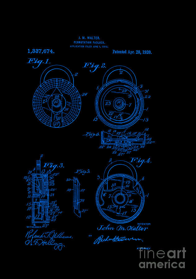 Patent Art 1920 Walter Padlock Blue Digital Art by Lesa Fine