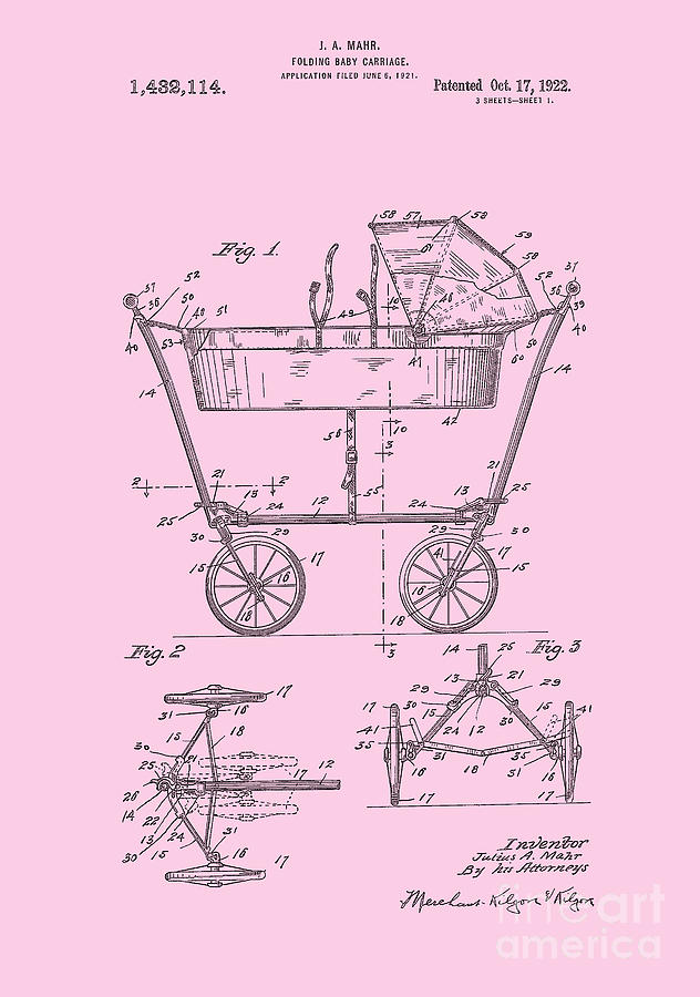 Patent Art Baby Carriage 1922 Mahr Design Pink Digital Art by Lesa Fine