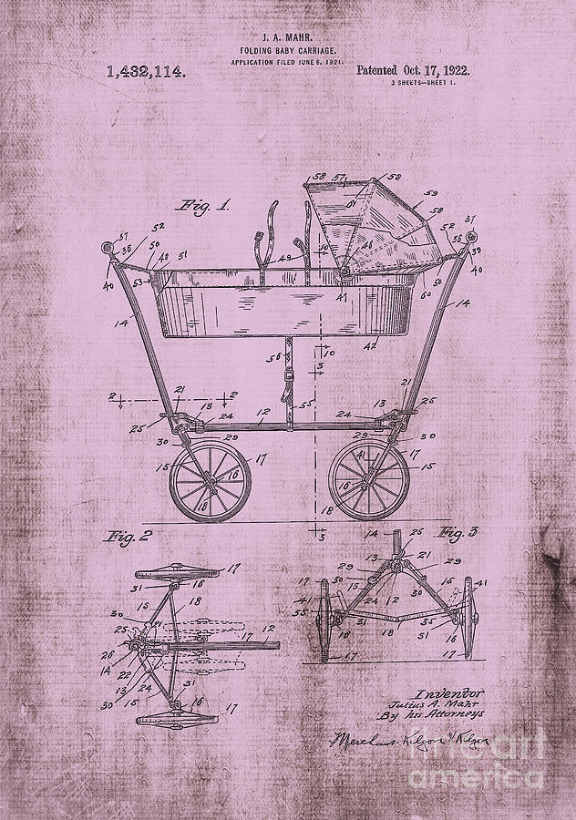 Vintage Digital Art - Patent Art Mahr Baby Carriage 1922 Pink by Lesa Fine