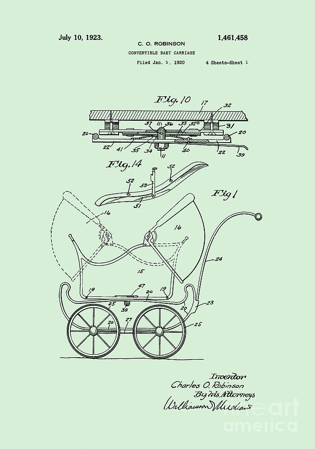 Vintage Digital Art - Patent Art Robinson Baby Carriage Green by Lesa Fine