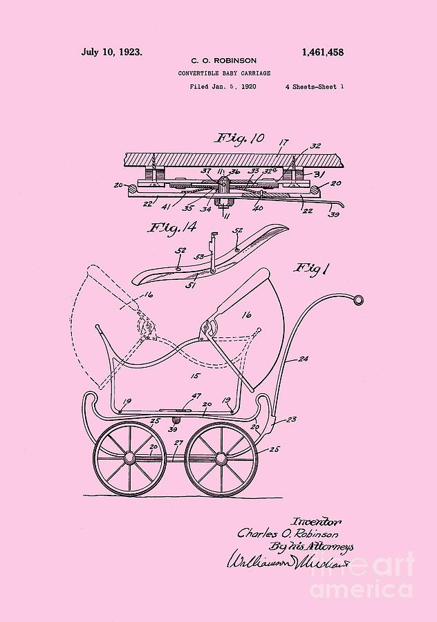 Vintage Digital Art - Patent Art Robinson Baby Carriage Pink by Lesa Fine