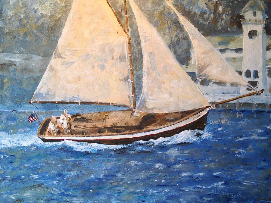 Boat Painting - Patriot at Catalina Lighthouse by Alan Lakin