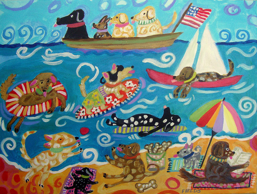Whimsical Dogs Painting - Patriotic Puppies by Karen Fields