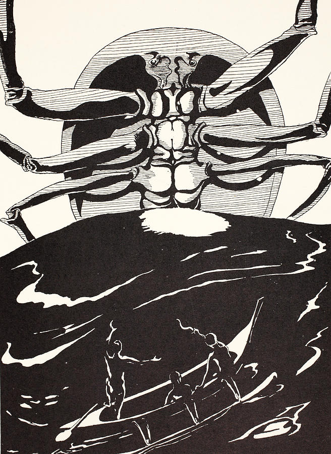 Pau Amma the Crab rising out of the sea as tall as the smoke of three volcanoes Drawing by