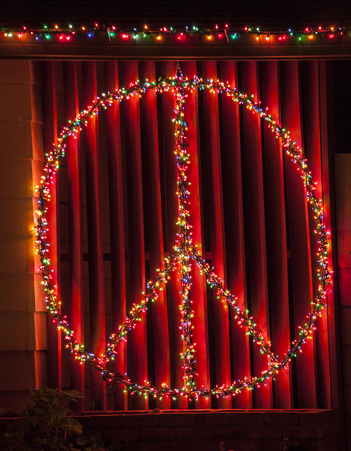 Sign Photograph - Peace Sign Christmas Lights by Garry Gay