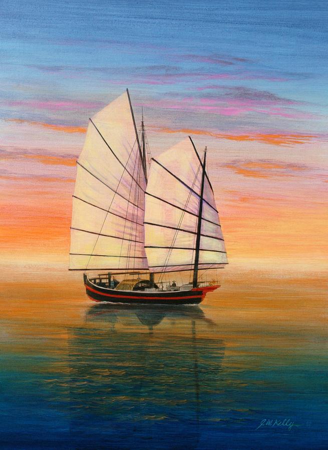 Chinese Junk Painting - Peaceful Waters by J W Kelly Chinese Junk Painting - Peaceful Waters by J W Kelly
