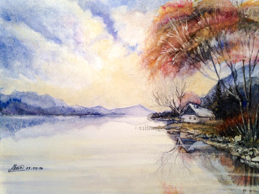 Peacefull Lake Sunset Painting