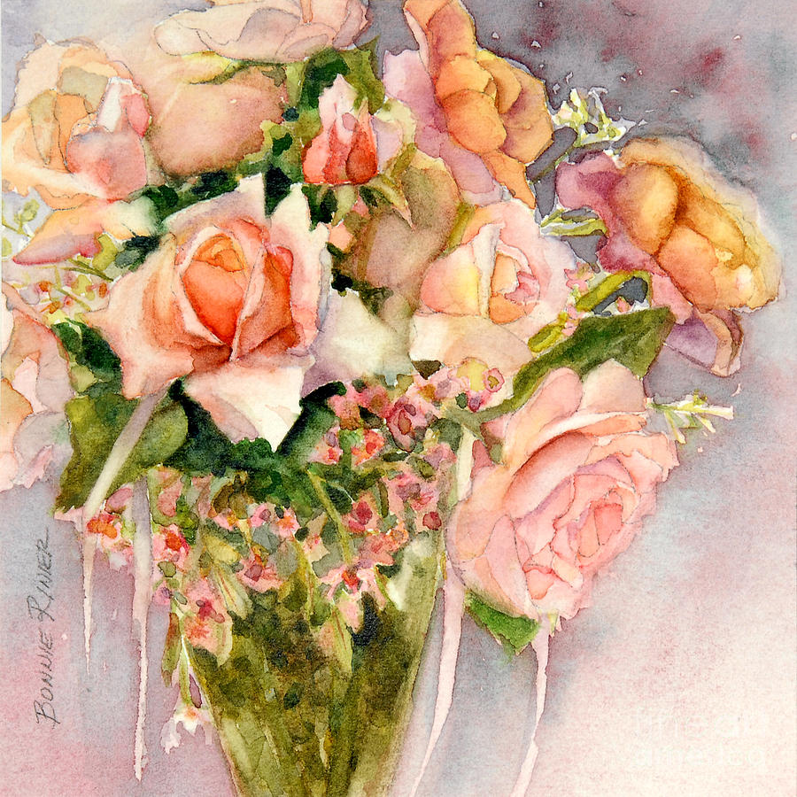 Peach Roses in Vase Painting by Bonnie Rinier
