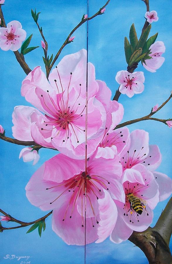 Peach Tree In Bloom Diptych Painting