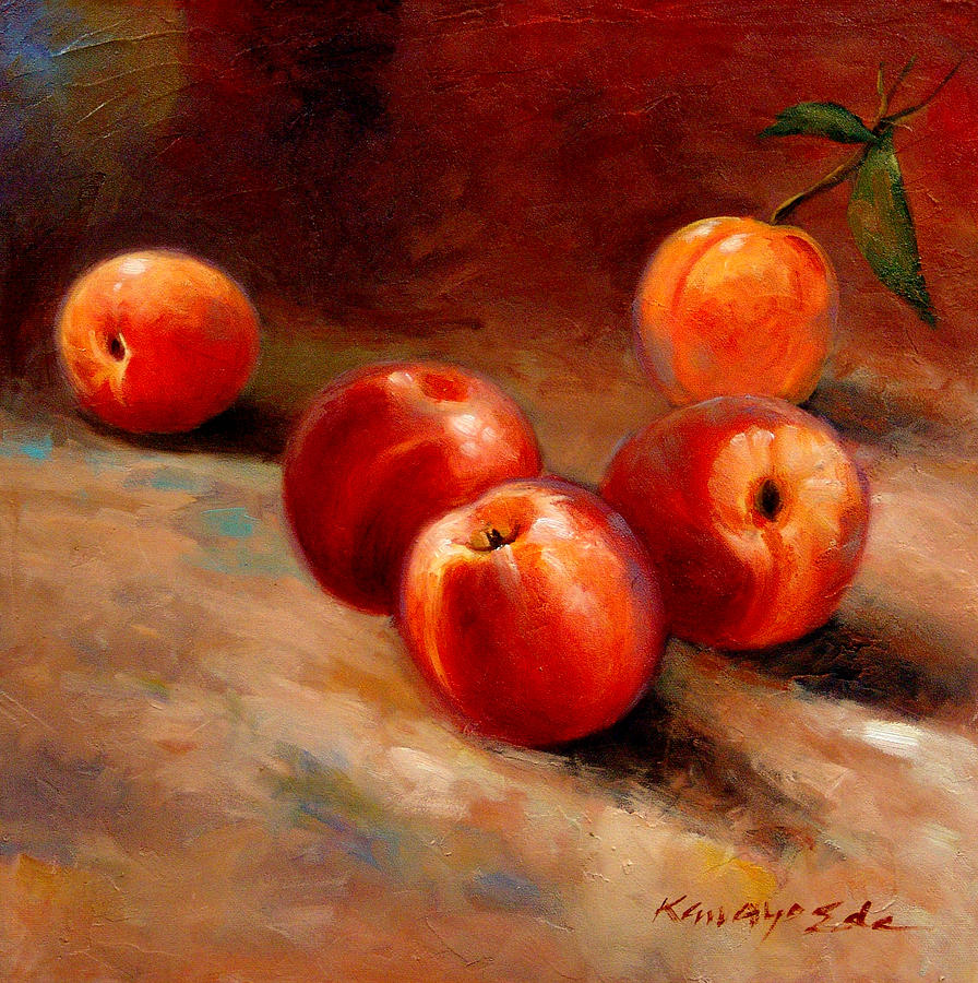 Peach Painting - Peaches - Luscious fruit painting by Kanayo Ede