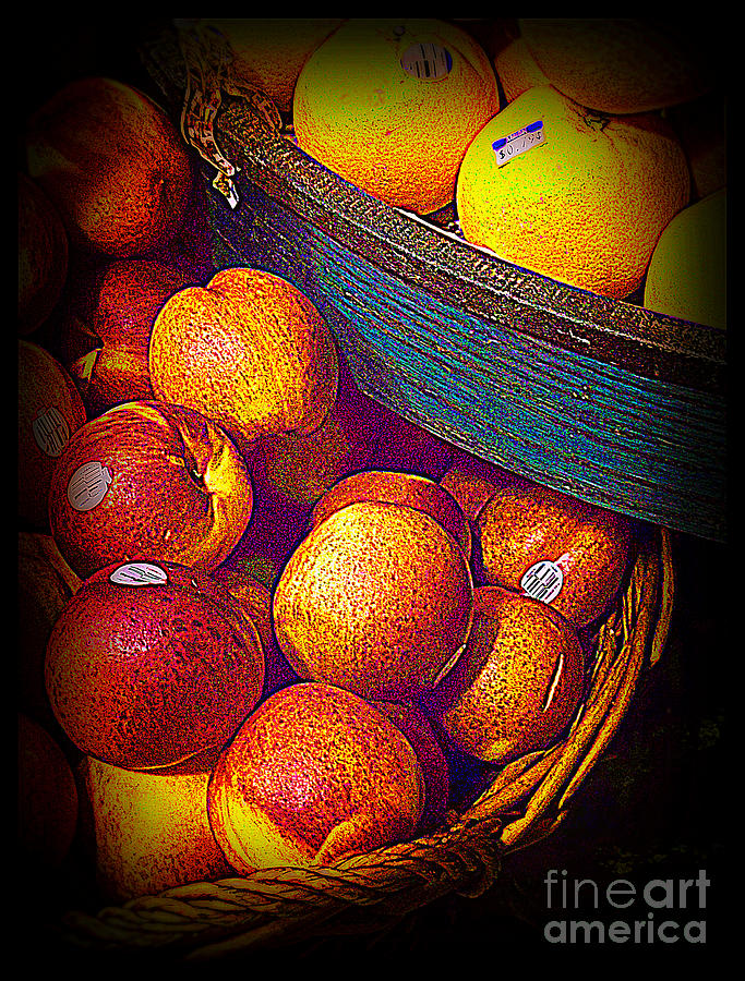 Peach Photograph - Peaches and Citrus with Blue Wooden Basket by Miriam Danar