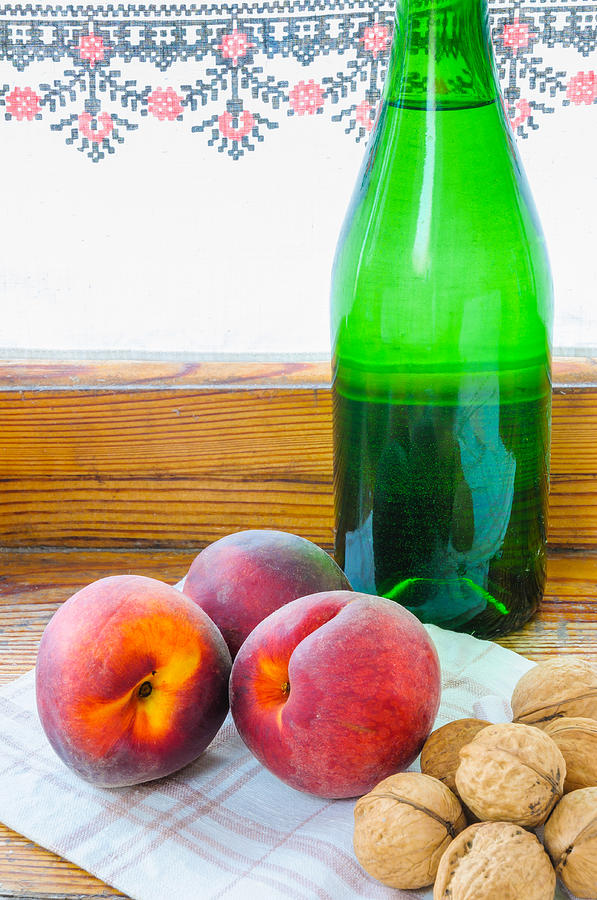 Wine Photograph - Peaches and Walnuts with Bottle by Alain De Maximy