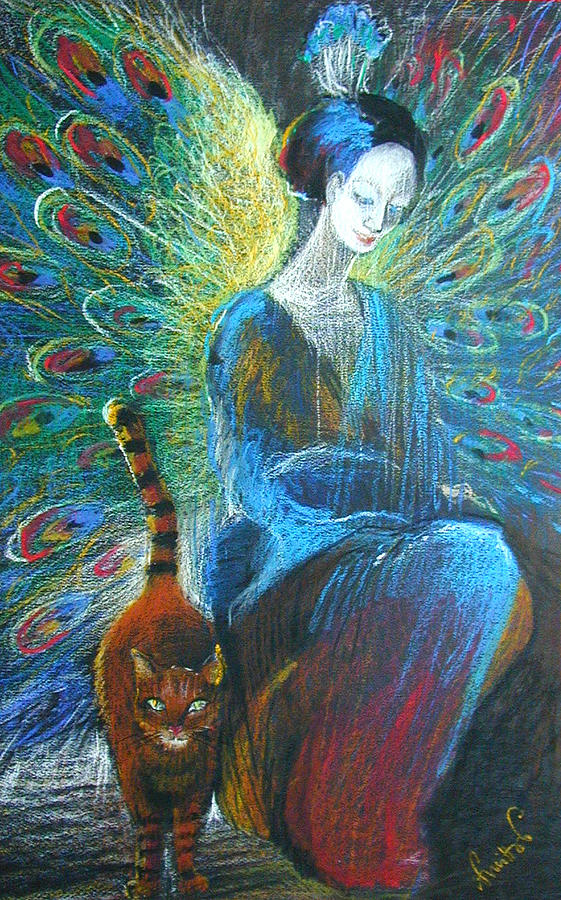Peacock Angel and Cat Painting by Alicja Coe