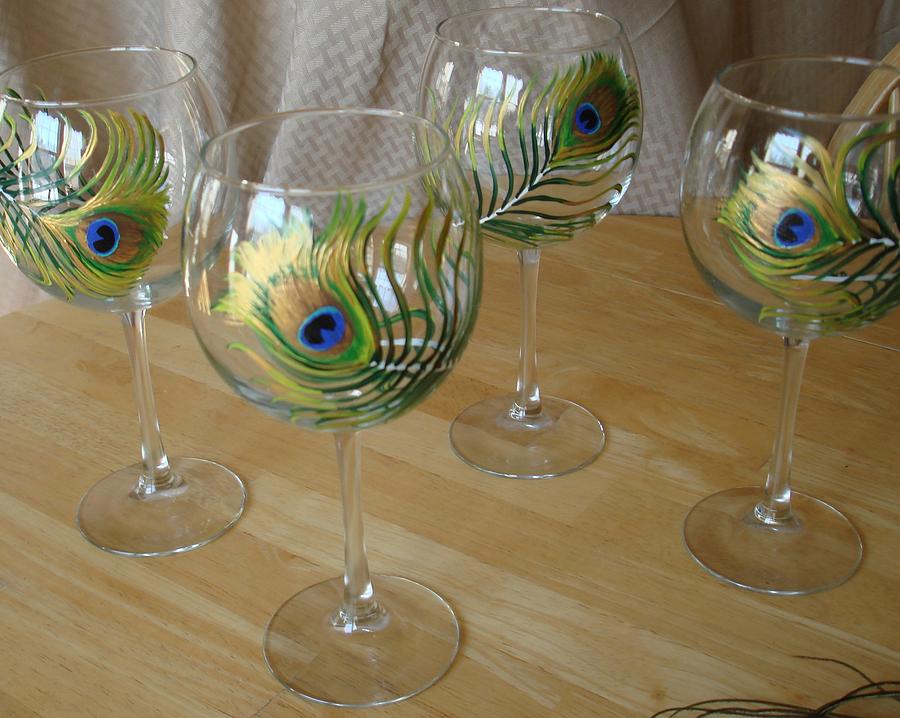 Peacock Feathers on Wineglasses Painting by Sarah Grangier