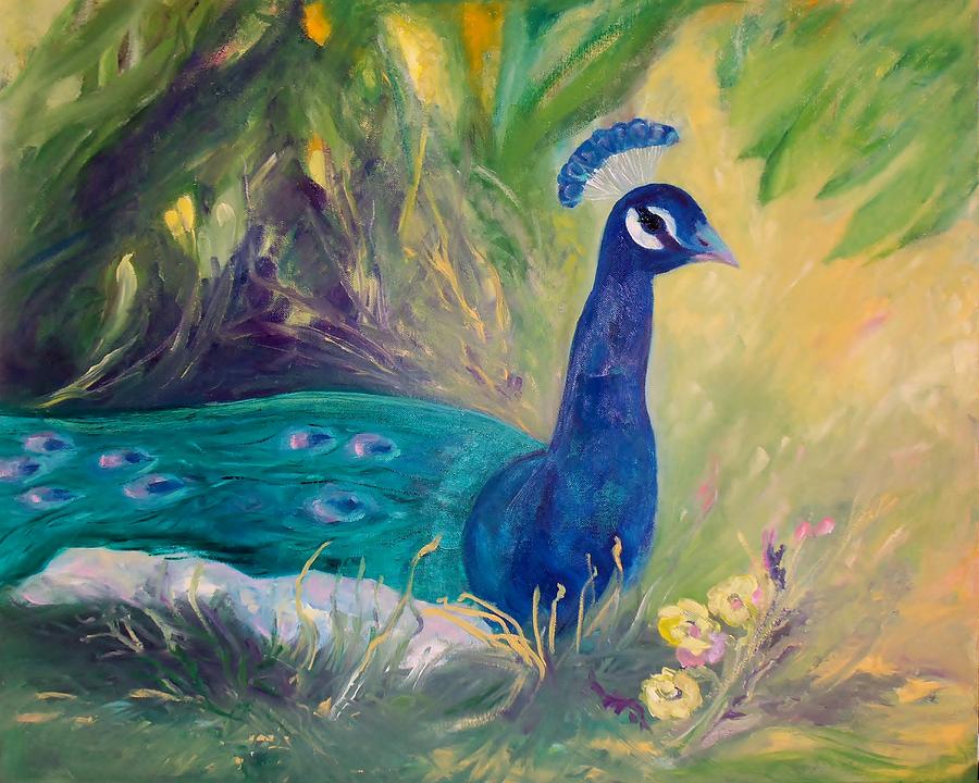 Peacock in the Grass Painting by Jan Moore