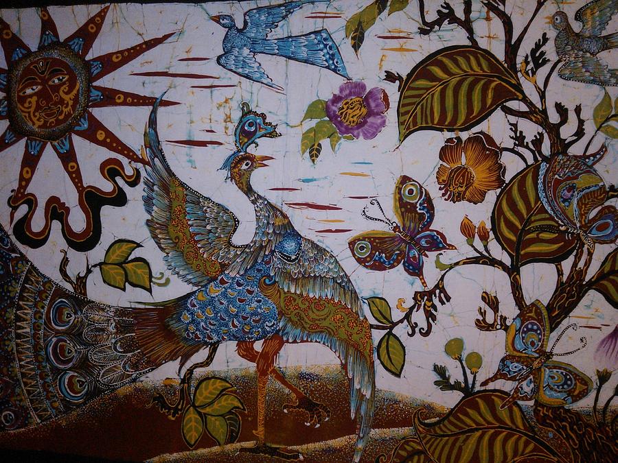 Animal Tapestry - Textile - Peacock sun and butterflies by Community in Sri Lanka