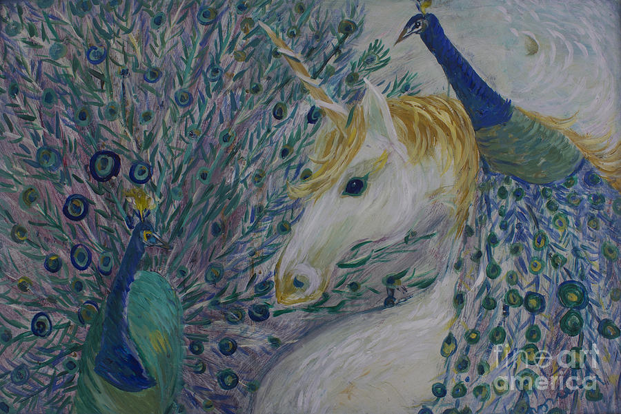 Peacock Painting - Peacocks with Unicorn by Avonelle Kelsey