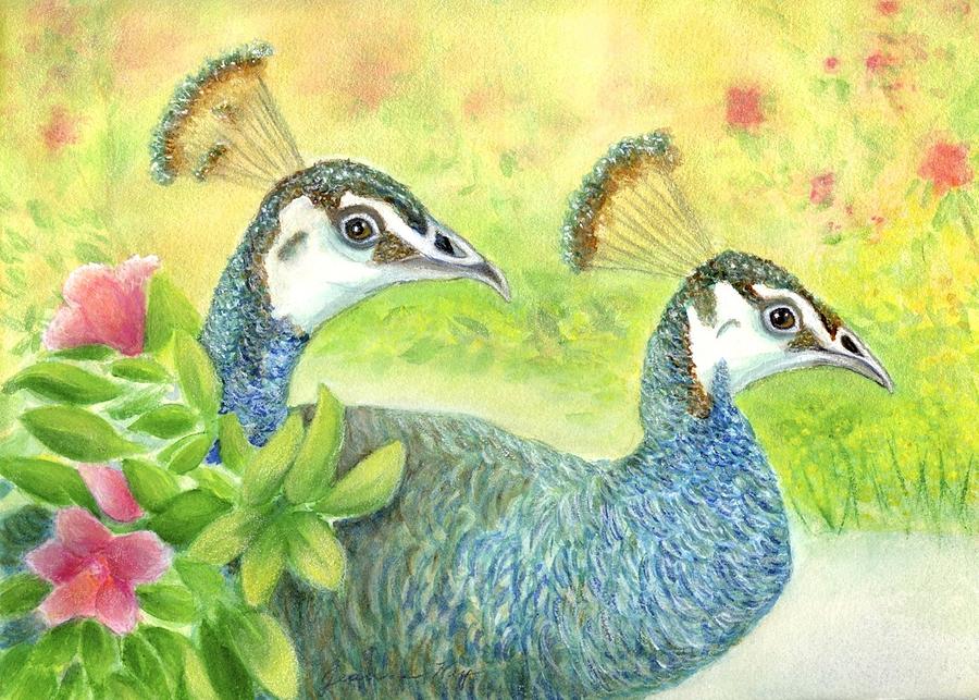 Peahens Strolling in the Garden Painting by Jeanne Juhos