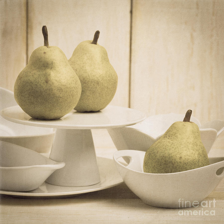 Pear still life with white plates square format Photograph by Edward Fielding