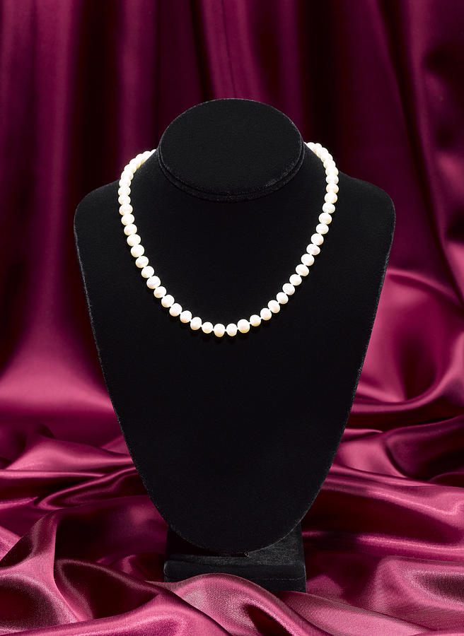 Pearl necklace on jewelry stand, studio shot Photograph by Jeffrey Coolidge