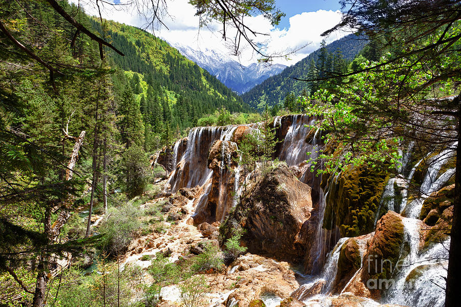 Nature Photograph - Pearl Shoal waterfall Jiuzhaigou Sichuan China by Fototrav Print