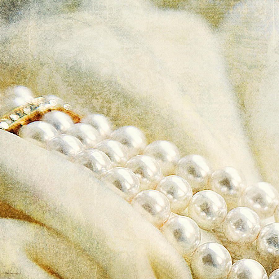 Vintage Photograph - Pearls On White Velvet by Theresa Tahara