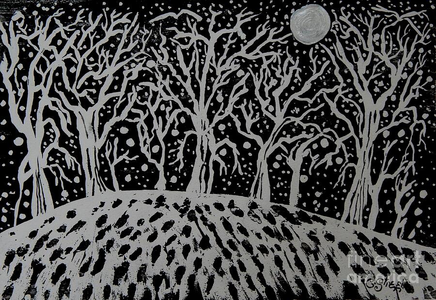 Winter Painting - Pearly Moon and Winter Trees by Caroline Street