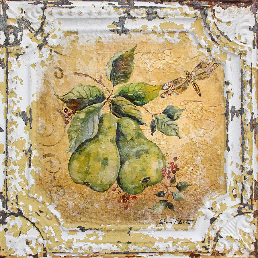 Pears and Dragonfly on Vintage Tin Painting by Jean Plout