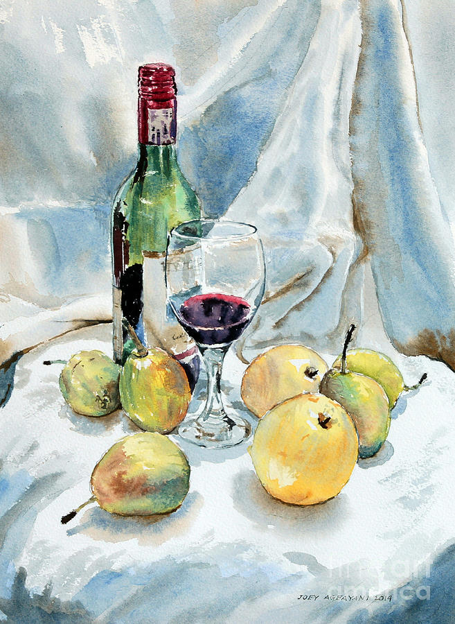Pears and Wine Painting by Joey Agbayani