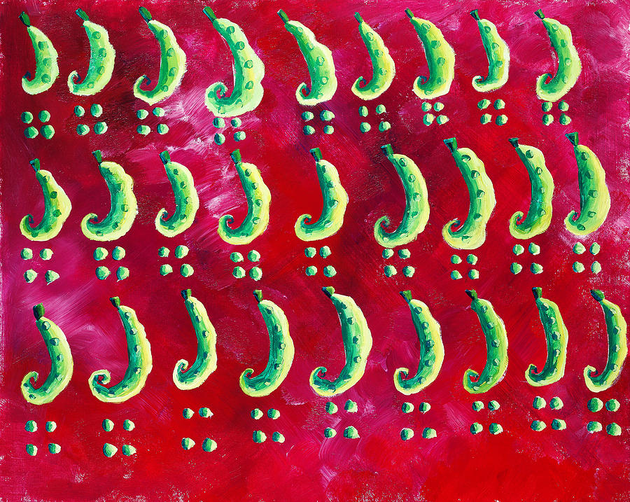 Vegetable Painting - Peas on a Red Background by Julie Nicholls