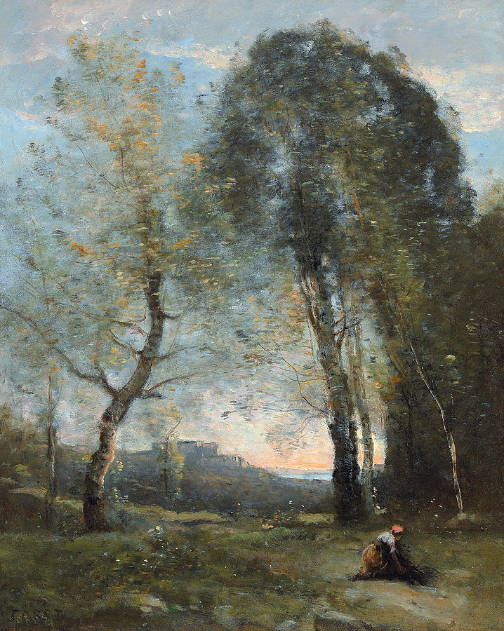 Peasant Woman Collecting Wood Painting by Jean Baptiste Camille Corot