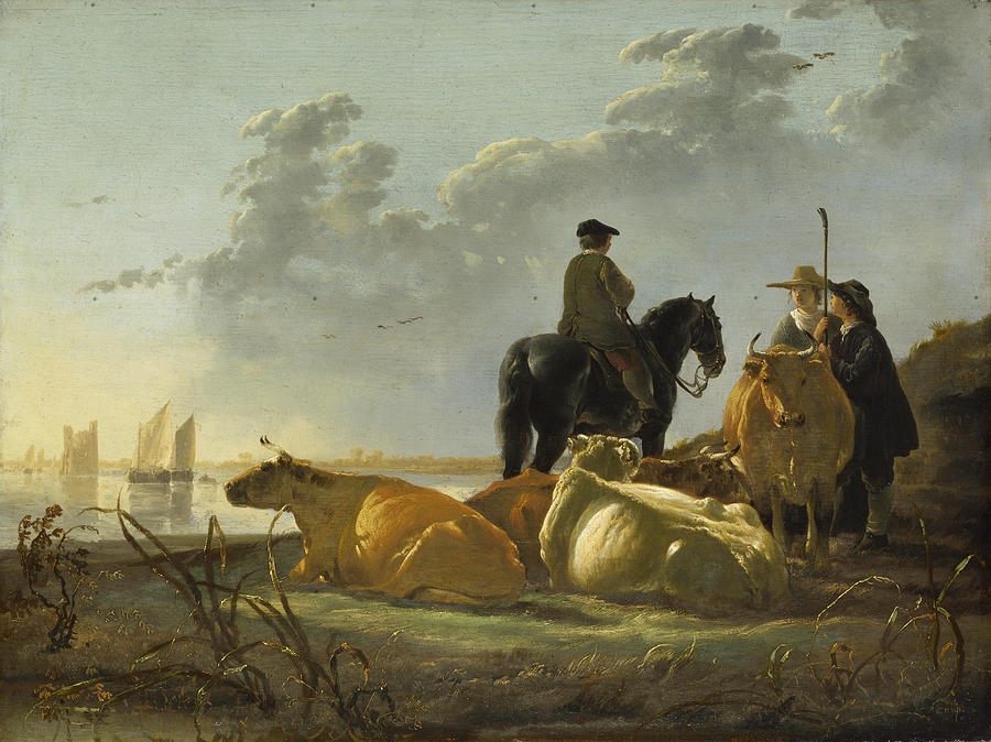 Peasants and Cattle by the River Merwede Painting by Aelbert Cuyp