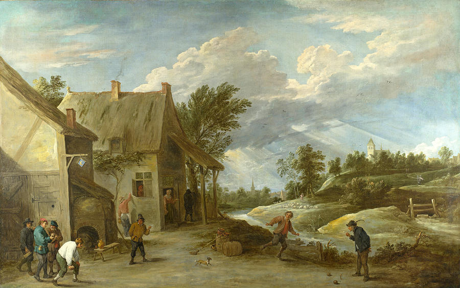David Teniers The Younger Painting - Peasants playing Bowls outside a Village Inn by David Teniers the Younger