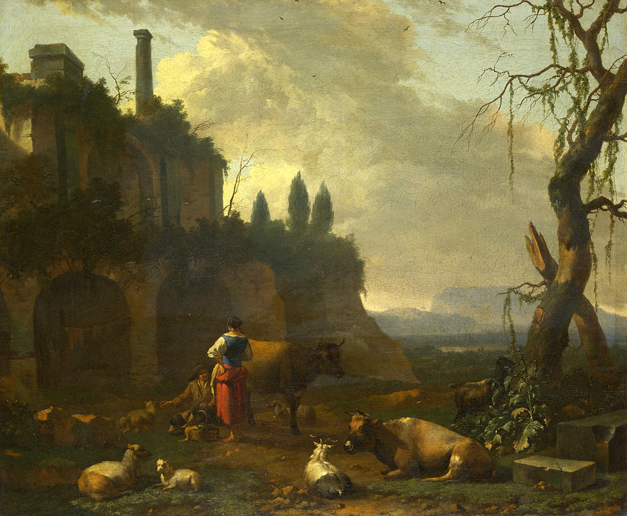 Peasants with Cattle by a Ruin Painting by Abraham Begeyn